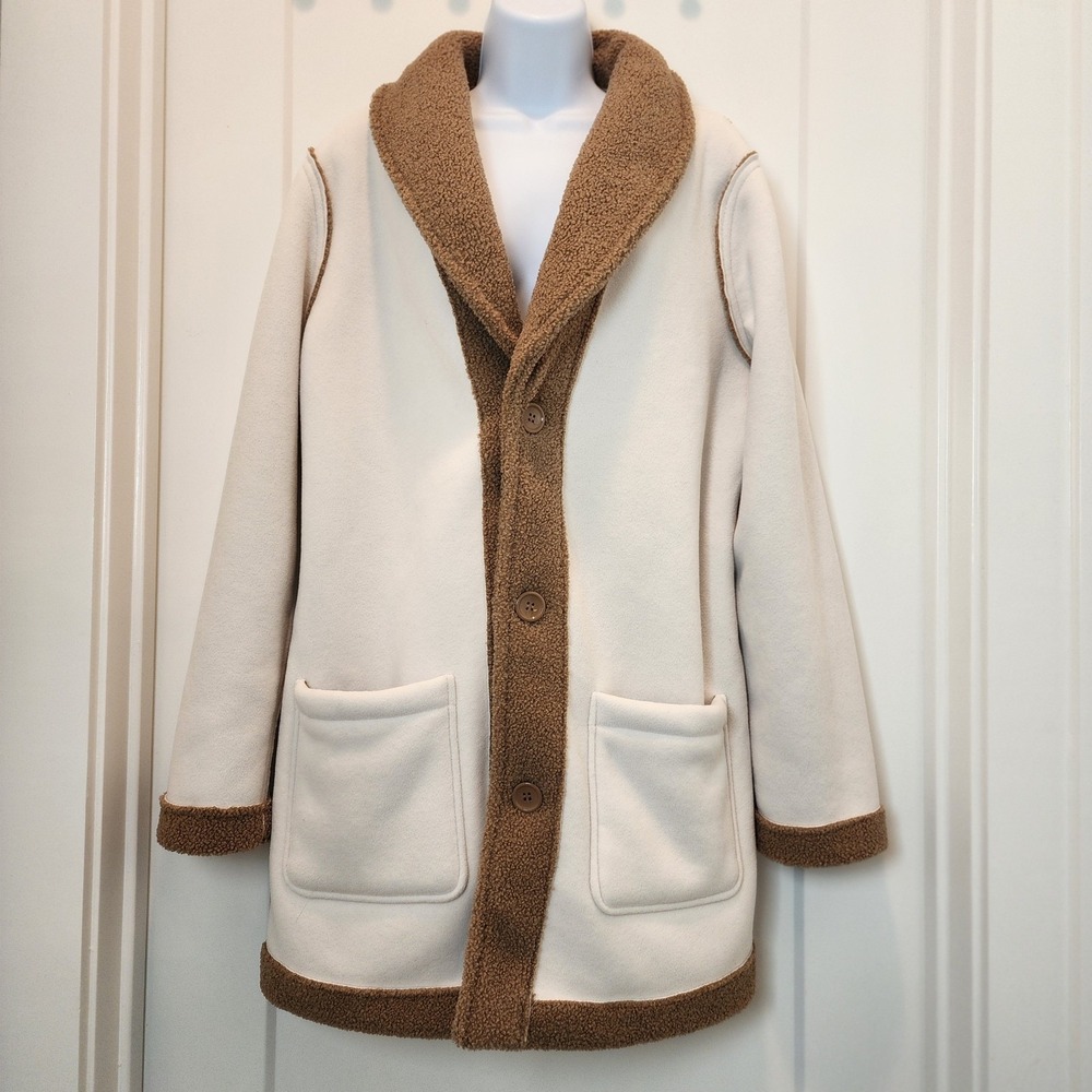 Susan Graver‎ Reversible Coat M Cream Tan Teddy Sherpa Jacket Cozy Quiet Luxury - Picture 3 of 11